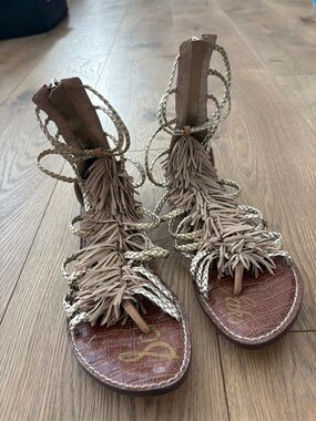 Sam Edelman Taupe Braided Fringe Gladiator Sandals